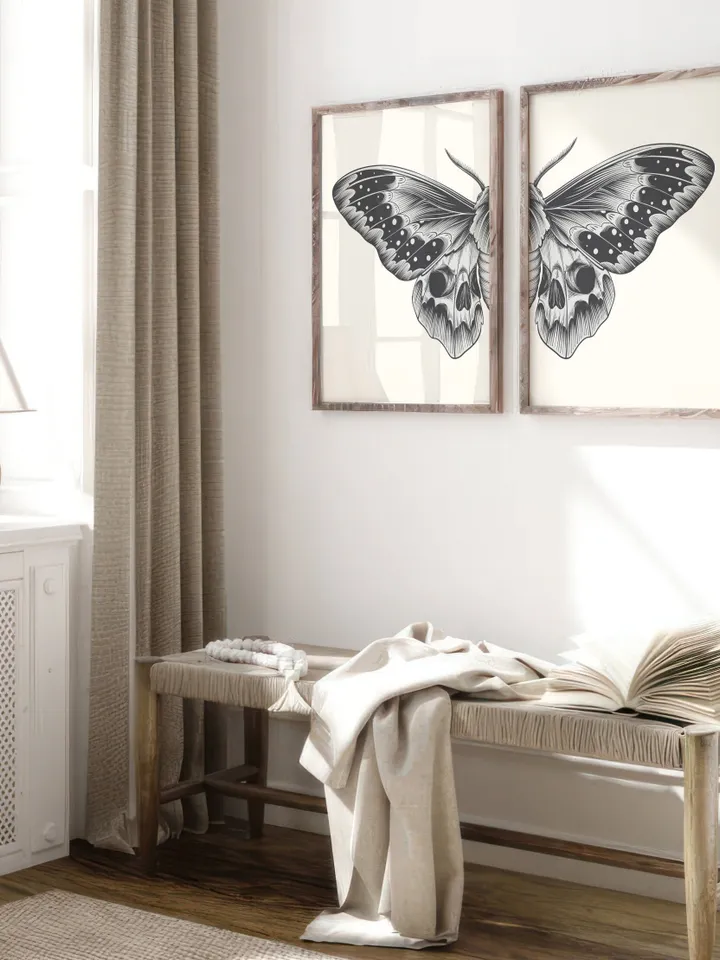 Black Sketch Butterfly Printable Wall Art Set of 2, Butterfly Print Digital Download, Split Butterfly Wings Art Print, Bedroom Wall Art
