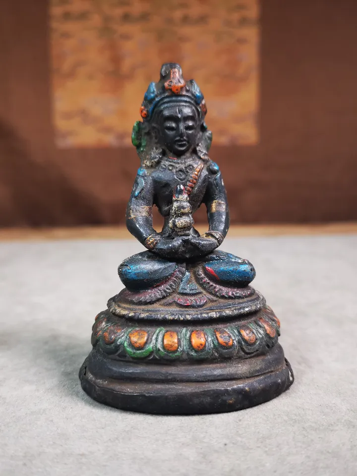 Gandhanra Antique Colored Tibetan Statue,Amitayus,Buddha of Longevity,80 Years Old