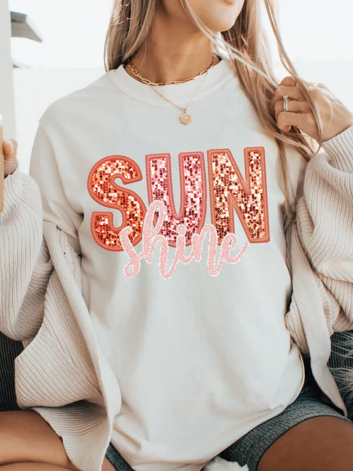 Sunshine PNG Faux Sequins Embroidered Letters Springbreak Shirt Design Sunshine Shirt Design Here summer png, boho png,retro png sublimation