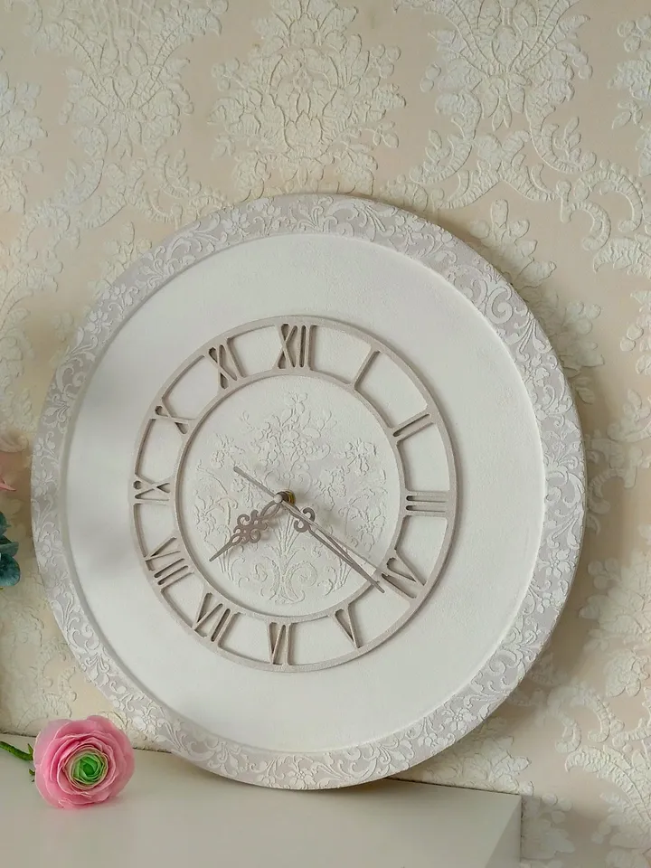 White round wall clock with grey frame and white ornament Silent clock for bedroom or nursery Gift for Christmas, Birthday, Mother's Day, Wedding, Housewarming