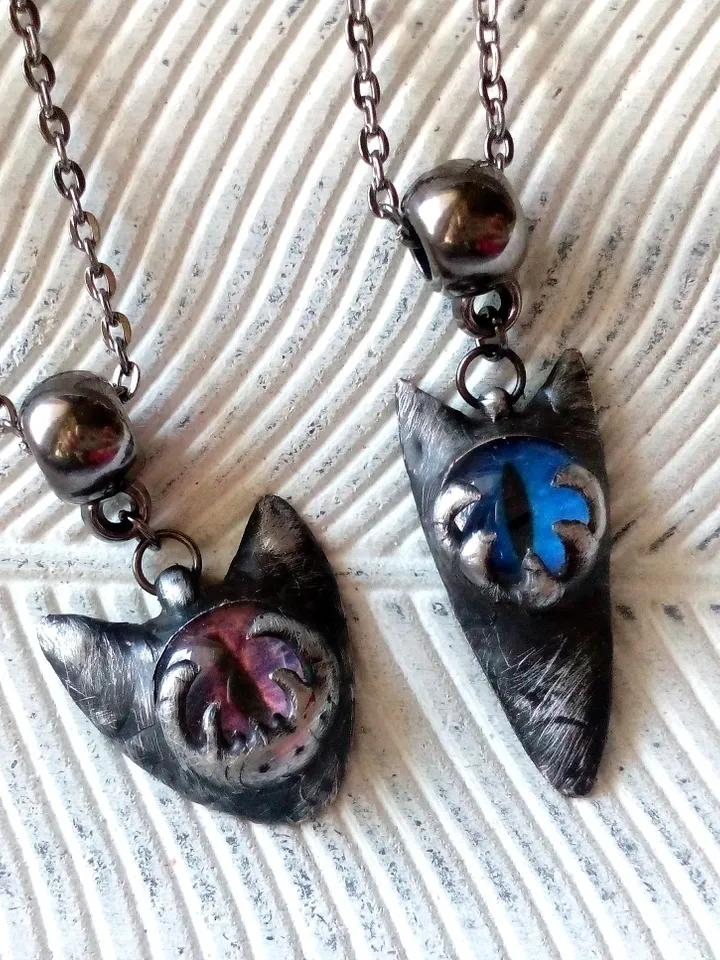 CAT necklace, cat eye tin soldered pendant, cat lovers jewelry, Halloween necklace, witchy aesthetic, goth bat pendant