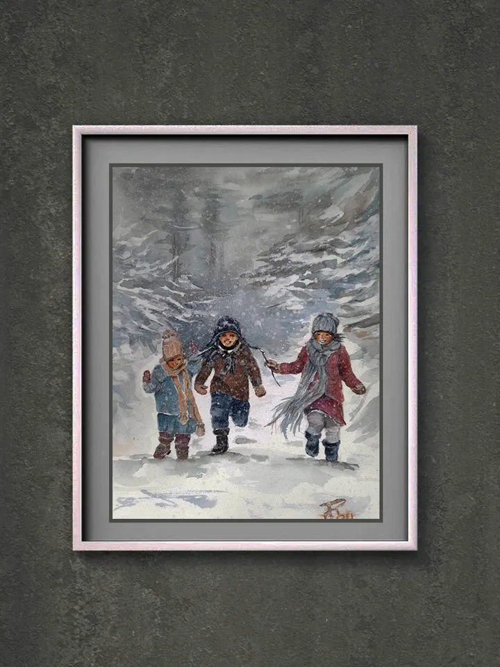 Watercolor painting. Carefree trio of kids. The Winter Fun series 21x30cm (8.3х11,7inches)
