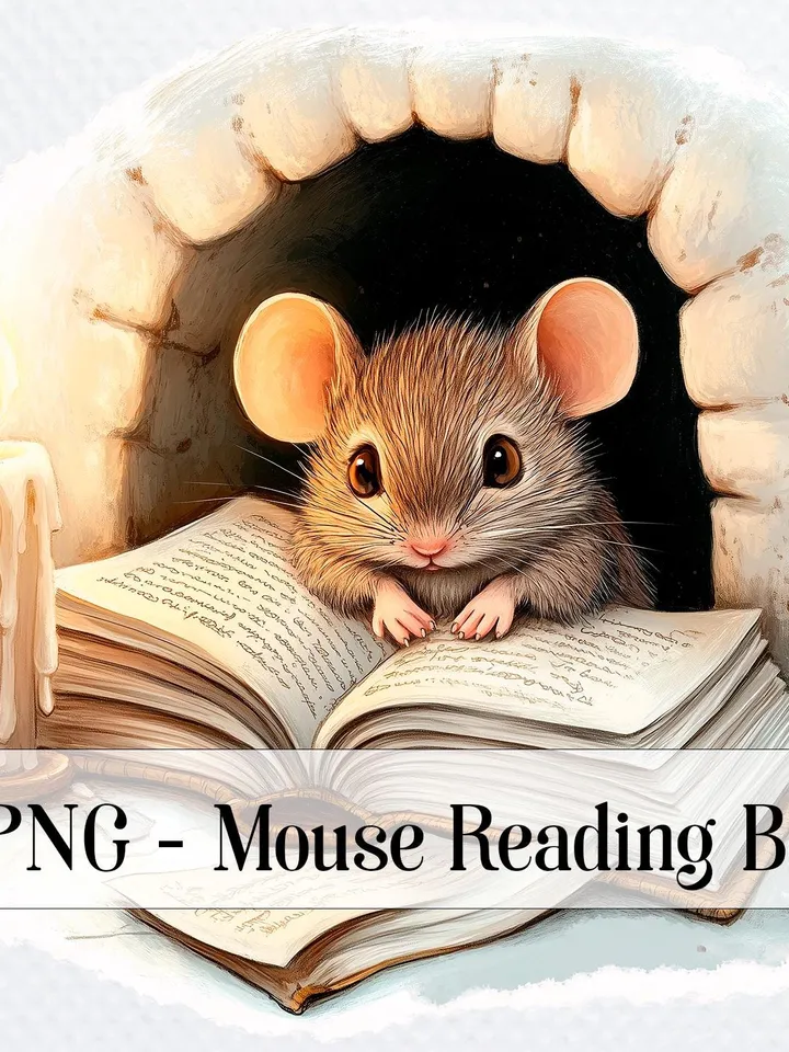 13 Mouse Reading Book PNG Bundle, Mouse Bedroom Watercolor clipart for sublimation, High Quality PNGs, Digital Paper crafts, junk journal
