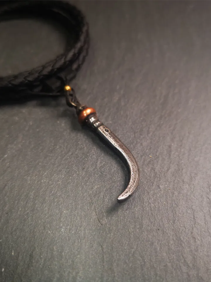 Gandhanra Handmade Tibetan Amulet ,Wolf Tooth Pendant with Leather Cord,Made of Cold Iron inlaid Copper,1.77"