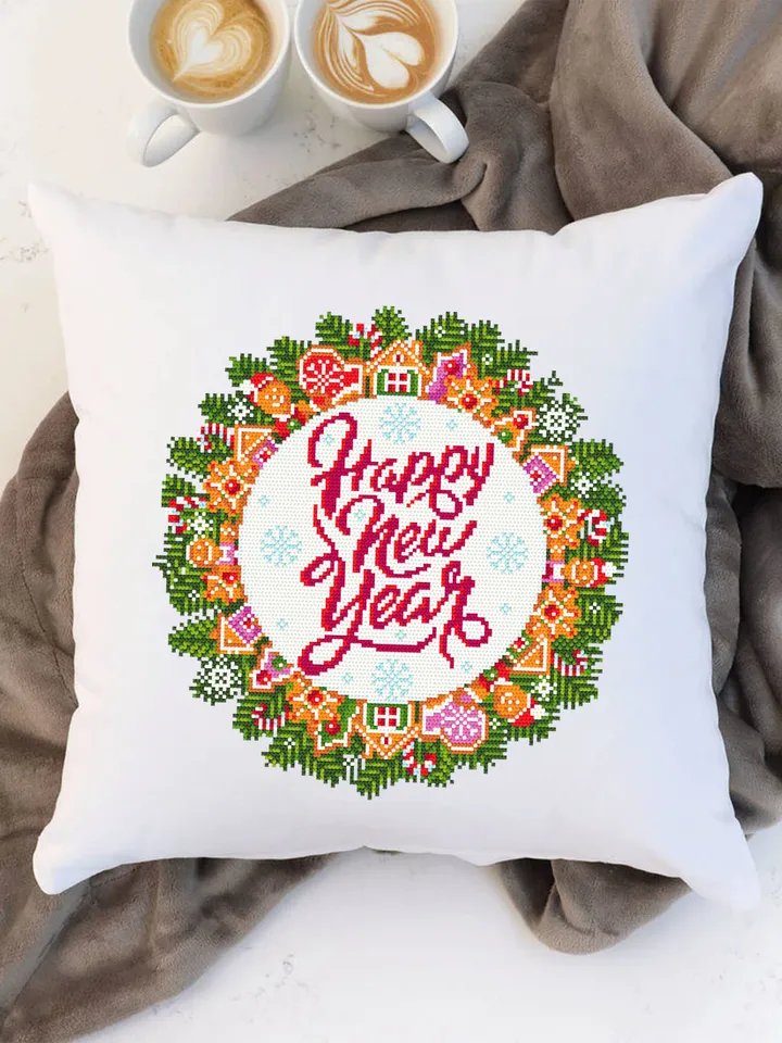 Christmas wreath cross stitch pattern download PDF Winter holiday cross stitch chart Christmas pattern digital Happy new year stitch #N24
