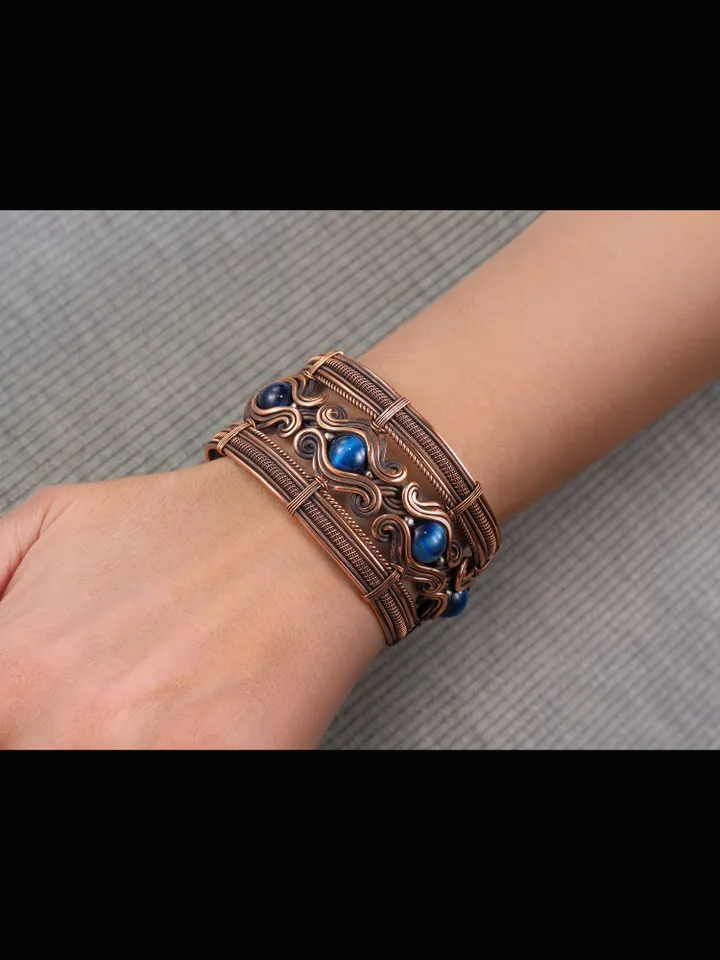 Copper wire bracelet with natural falcon eye, 7th Wedding Anniversary gift