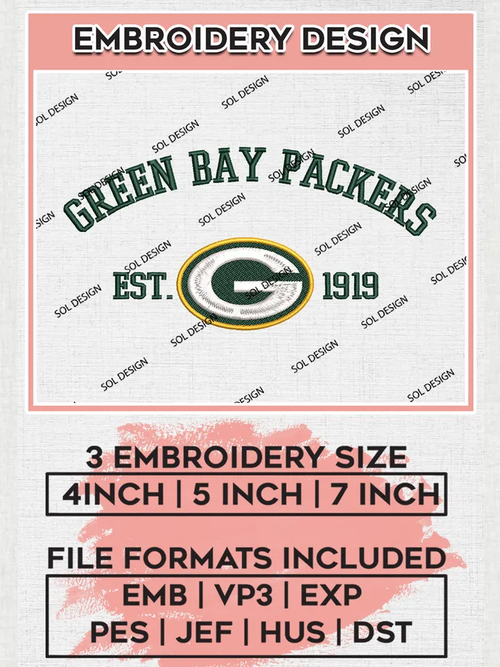 Green Bay Packers Est 1919 Embroidery Designs, NFL Packers, NFL Embroidery Designs, NFL Green Bay Packers Machine Embroidery Design, Digital Download