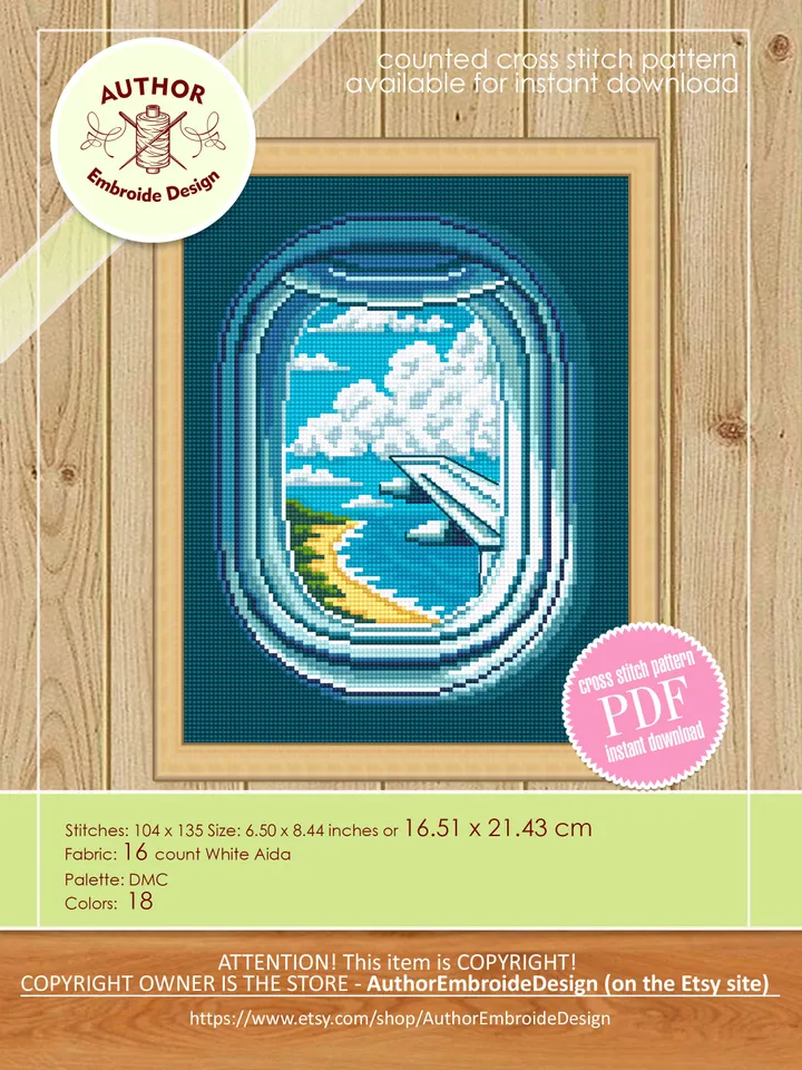 Airplane window cross stitch pattern download PDF Summer sea landscape cross stitch chart Nature cross stitch sampler Travel lover gift #L48