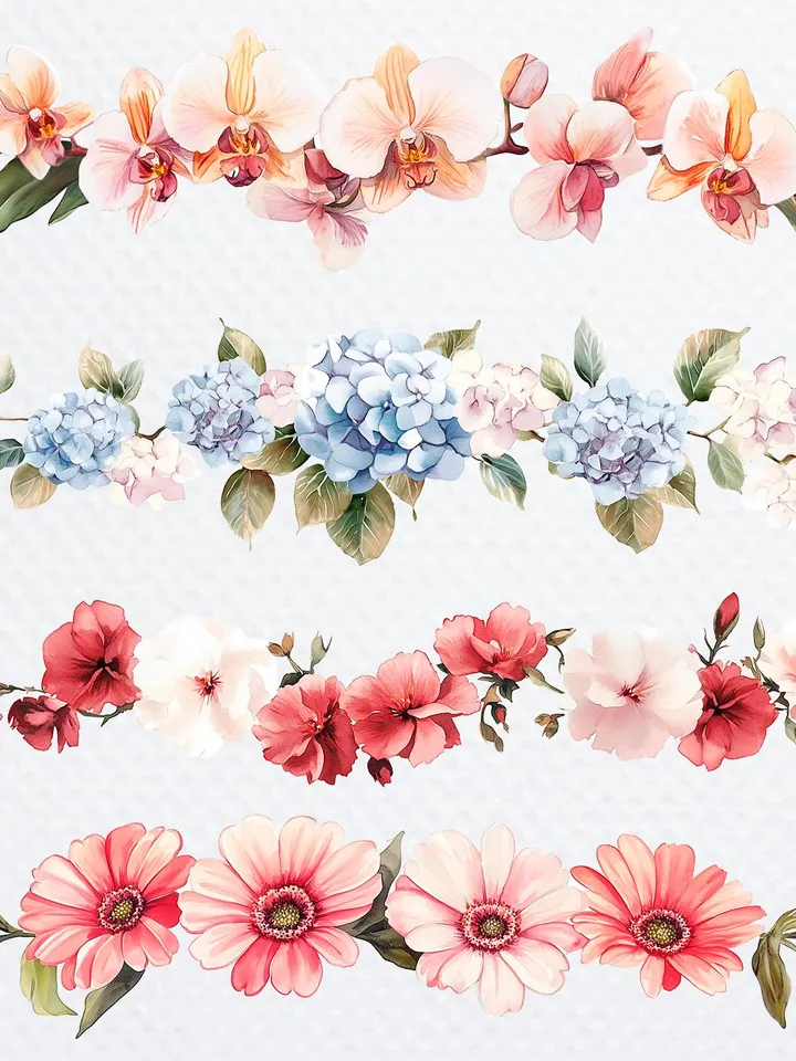 26 Flower Border MIX Bundle, Watercolor Floral Border PNG Digital Clipart for sublimation, Digital download, Digital Paper craft Card making