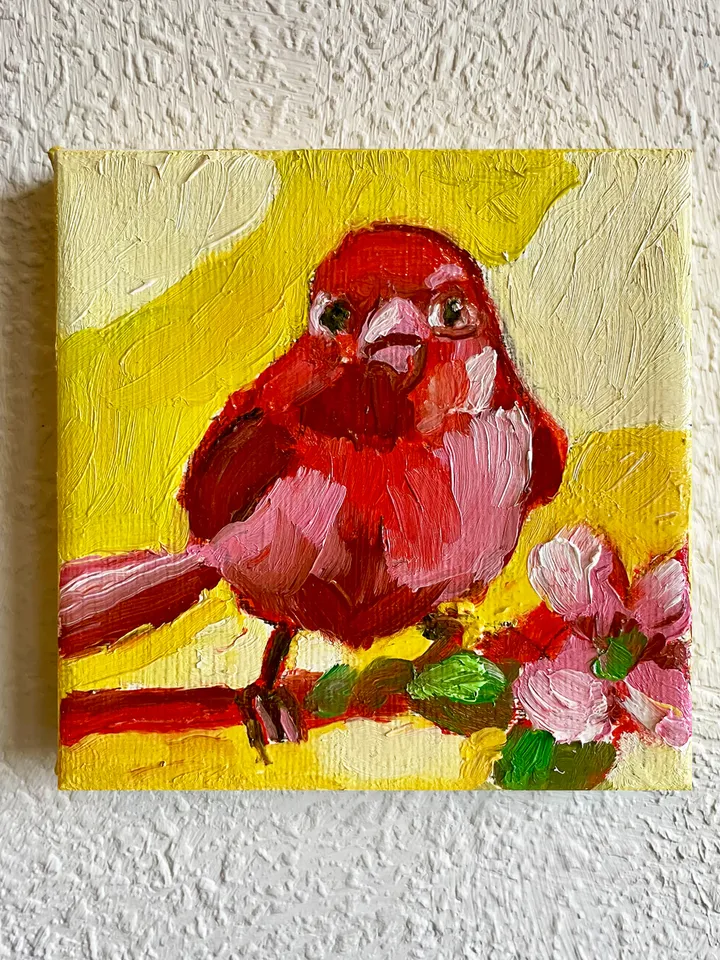 Red Summer Tanager Painting, Bird Original oil Painting on Canvas, Wildlife Art, Miniature Artwork 4"x 4"