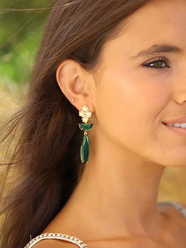 Gold 24K Emerald Green Art Deco Wedding Earrings For Brides, Vintage Style Flower Statement Bridal Earrings, Boho Wedding Earrings, Jewelry