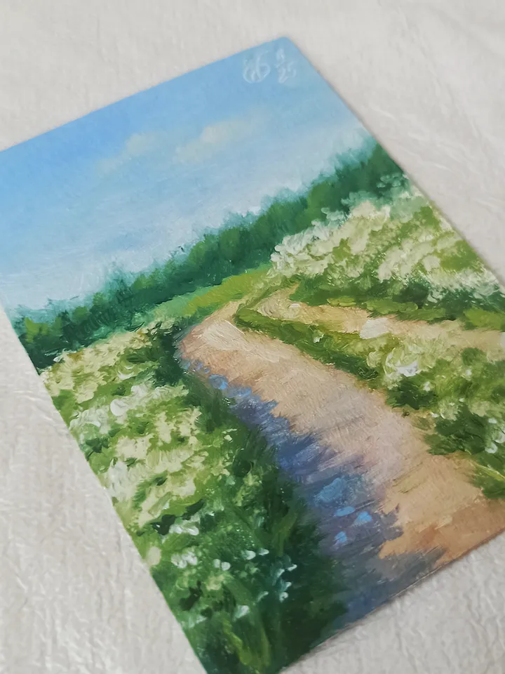 Original oil painting ACEO, Road in a field with white flowers, Summer countryside landscape, Collection card 2,5x3,5 in