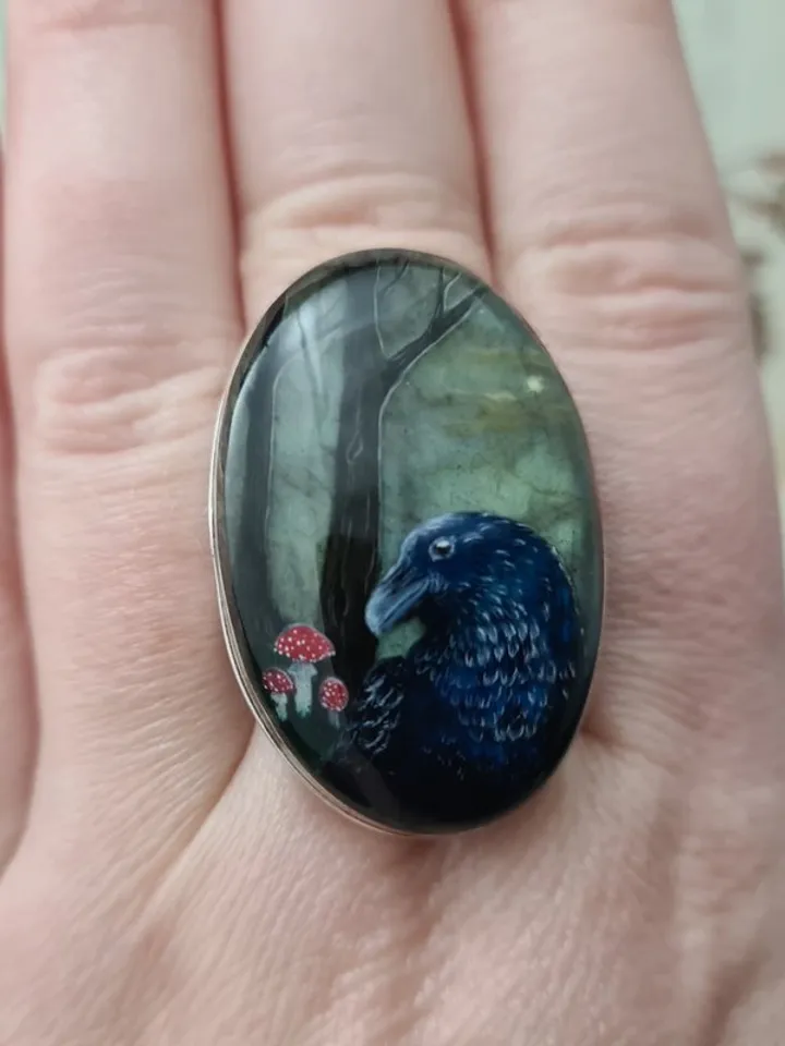 Raven ring Labradorite ring Stone painting Aaa large labradorite crow ring