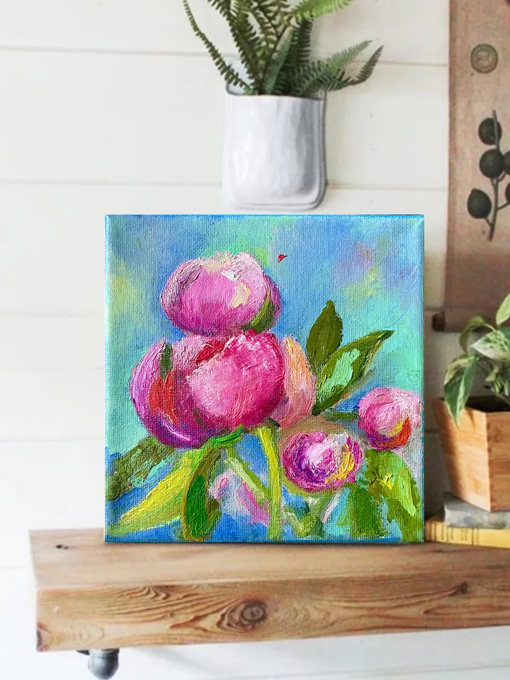 Peony oil painting on canvas, Small flower painting, Floral art