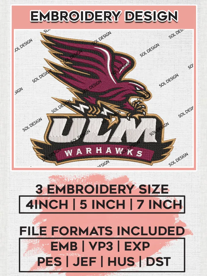 UL Monroe Warhawks Team Mascot Logo Embroidery Design Files, NCAA UL Monroe Warhawks Machine Embroidery, NCAA Teams, Game Day, 3 sizes, NCAA Machine embroidery designs, Digital Download