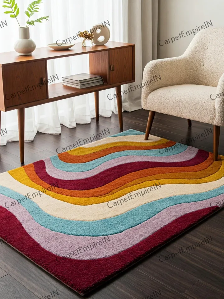 Colorful Wavy Hand-Tufted Wool Rug, 100% NZ Wool Cut Pile Abstract Area Rug, Modern Boho Living Room & Nursery Decor, 2x3, 4x6, 5x7, 6x9