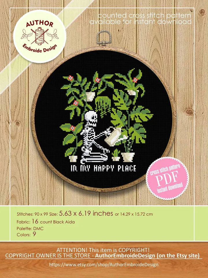 Skeleton plants cross stitch pattern PDF download Gothic skeleton cross stitch chart In my happy place, Gothic home decor, Plant lover #P39