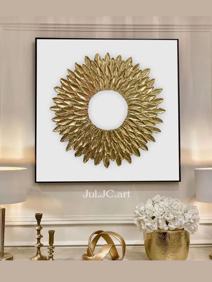 Gold and White Abstract Wall Art Modern Original Painting | Gold Petals Textured artwork Golden modern wall decor