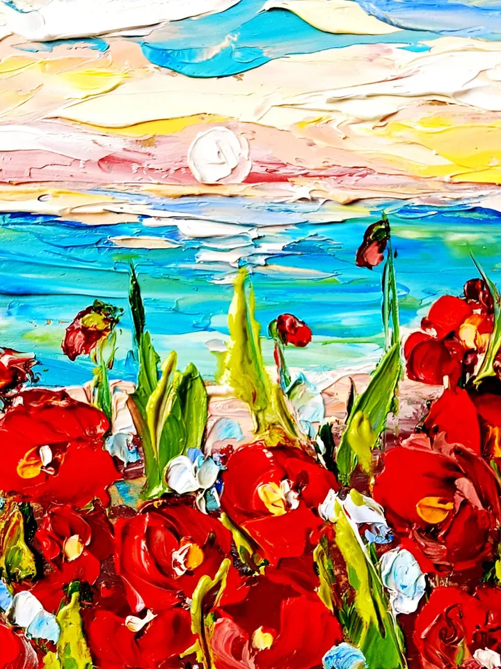 Point Reyes Painting Red Poppies Fields Impasto Art California Seascape Christmas Gifts Original Artwork Travel Gifts by ArtProkopaloSv