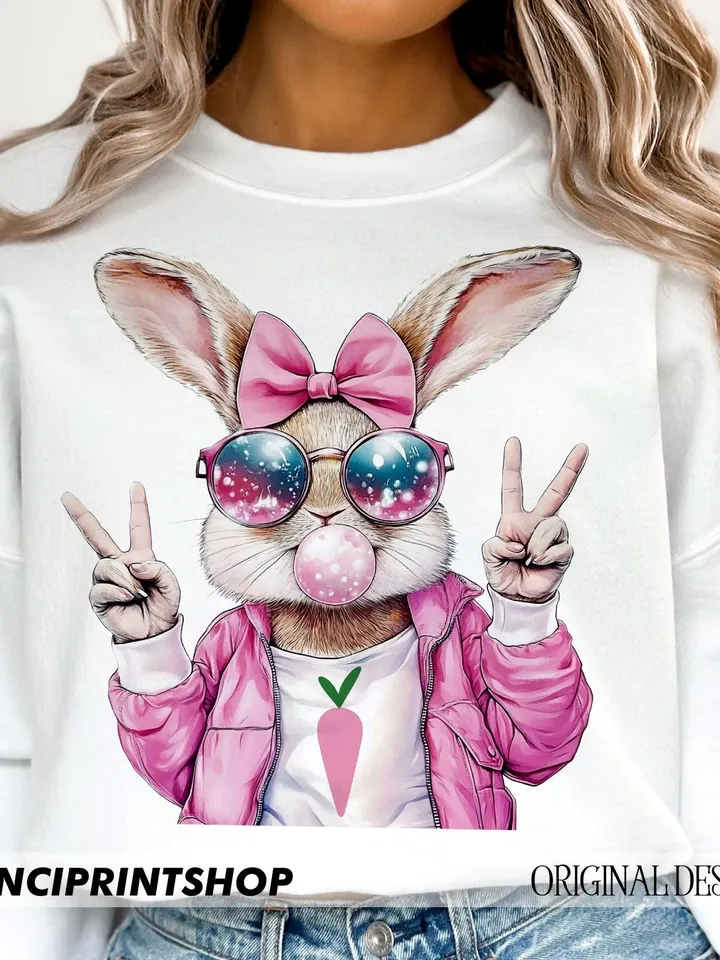 Retro Easter Bunny Blowing Bubble PNG, Easter Bunny png, Easter png, Funny Easter Bunnie Sunglasses, Retro Easter png, Bunny png, Spring png