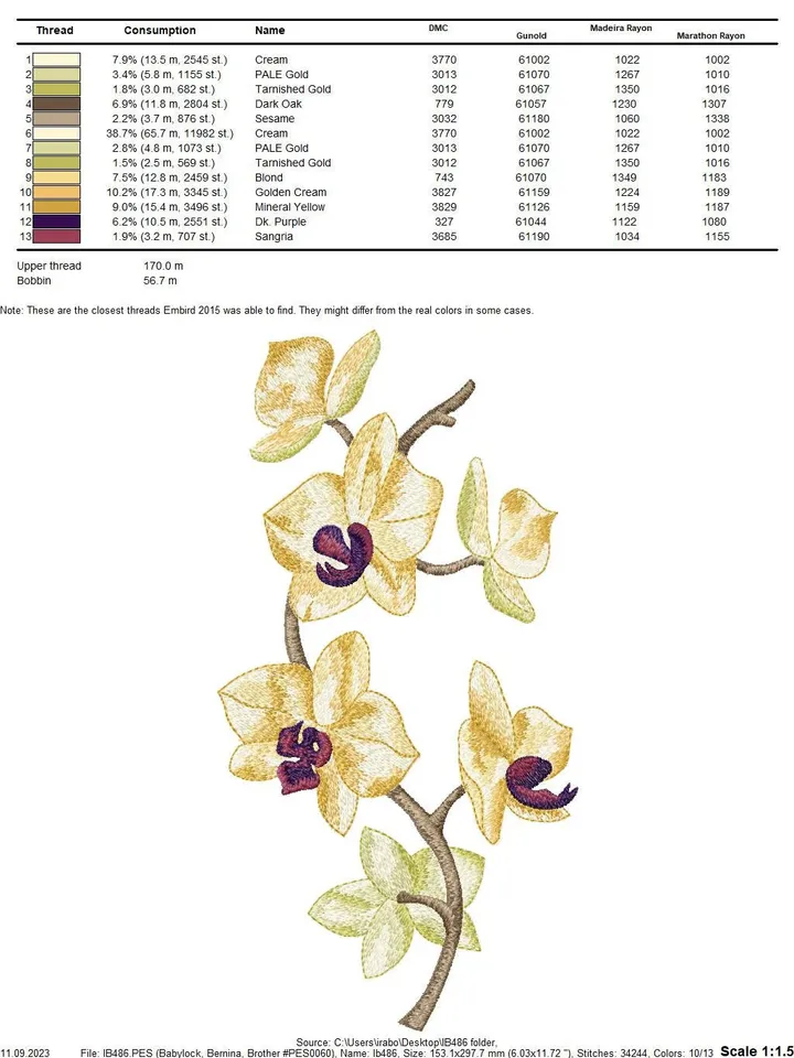 Orchid machine embroidery design using artistic satin stitch technique