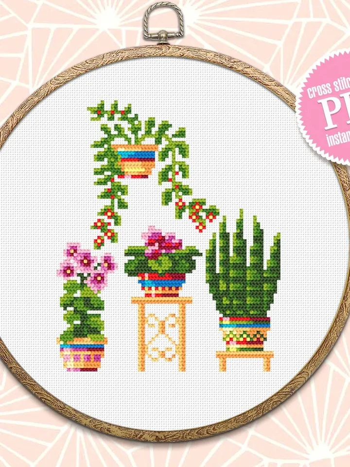 Home plants cross stitch pattern download PDF, Floral cross stitch chart, Small embroidery beginner, Potted plants digital pattern PDF #P6