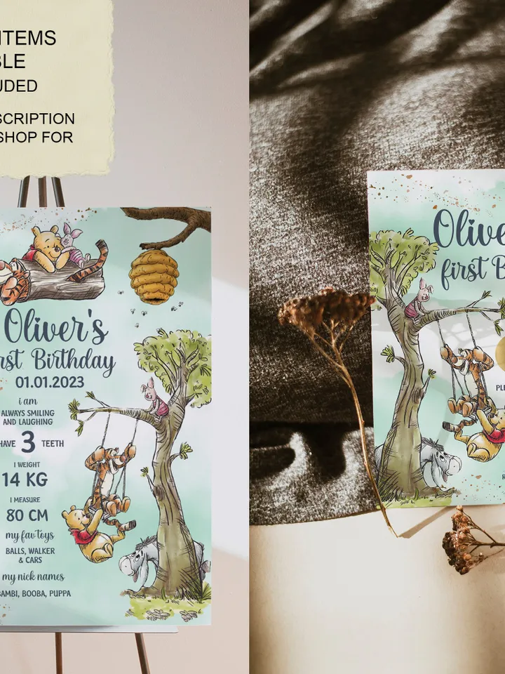 Editable Custom sign Hundred Acre Wood First Birthday party sign; Winnie the Pooh Party; Classic Pooh Party Birthday Download; wp5