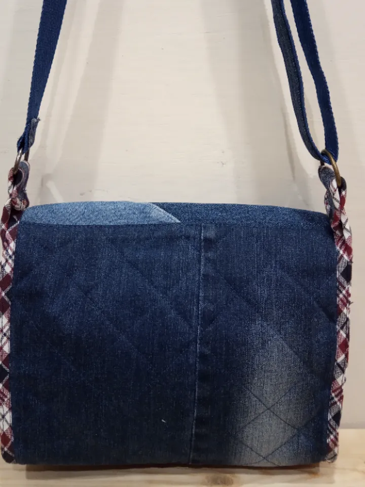 Denim original bag with a flap in the style of crazy patchwork made of eco-friendly material handmade
