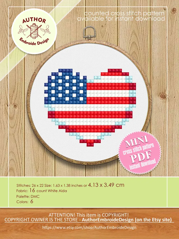 Patriotic cross stitch pattern PDF download American flag heart cross stitch chart, Mini Ukrainian flag embroidery, Independence Day #T23