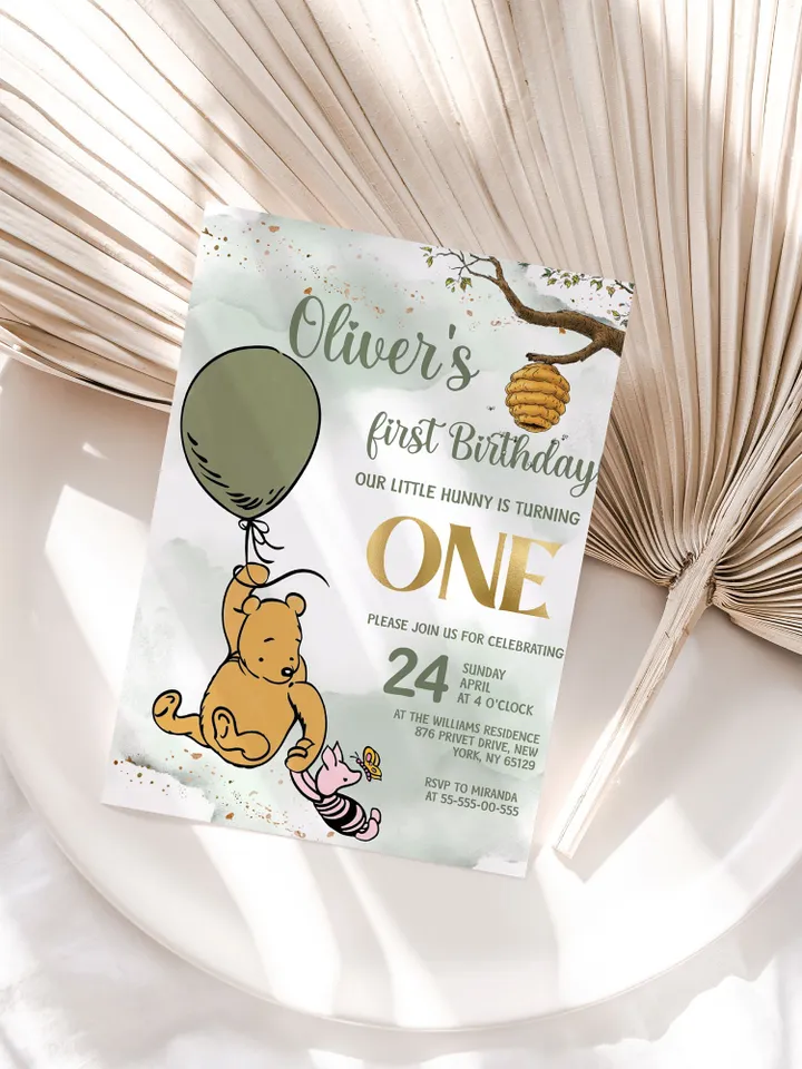 Classic Winnie Pooh Baby Birthday Invitation; Winnie Pooh Baby Birthday ; Greenery Baby Birthday; Honey Bear Birthday; Winnie Pooh wp2