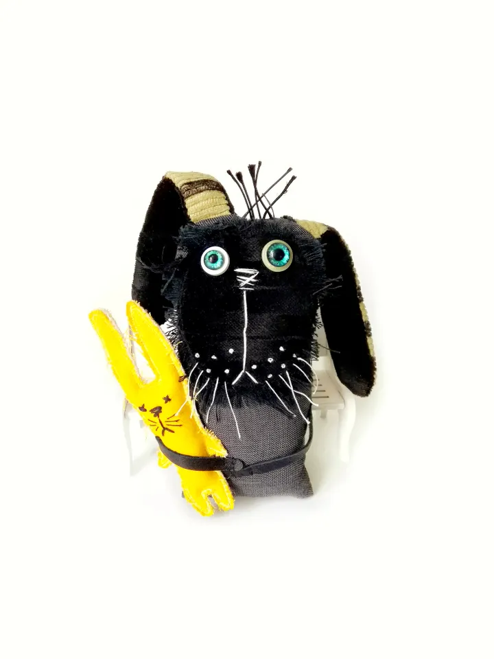 Handmade Funny and Unique Fabric Art Doll Bunnies: One-of-a-Kind Fun Delightful Interior Decor Toys with a Spooky Twist. FREE SHIPPING!