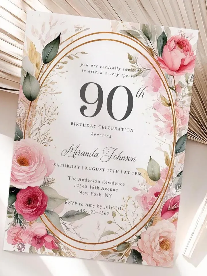 90th Birthday Invitation for Women – Blush Pink & Gold Floral, Elegant Printable Party Invite for Grandma or Mom, Digital Canva Template