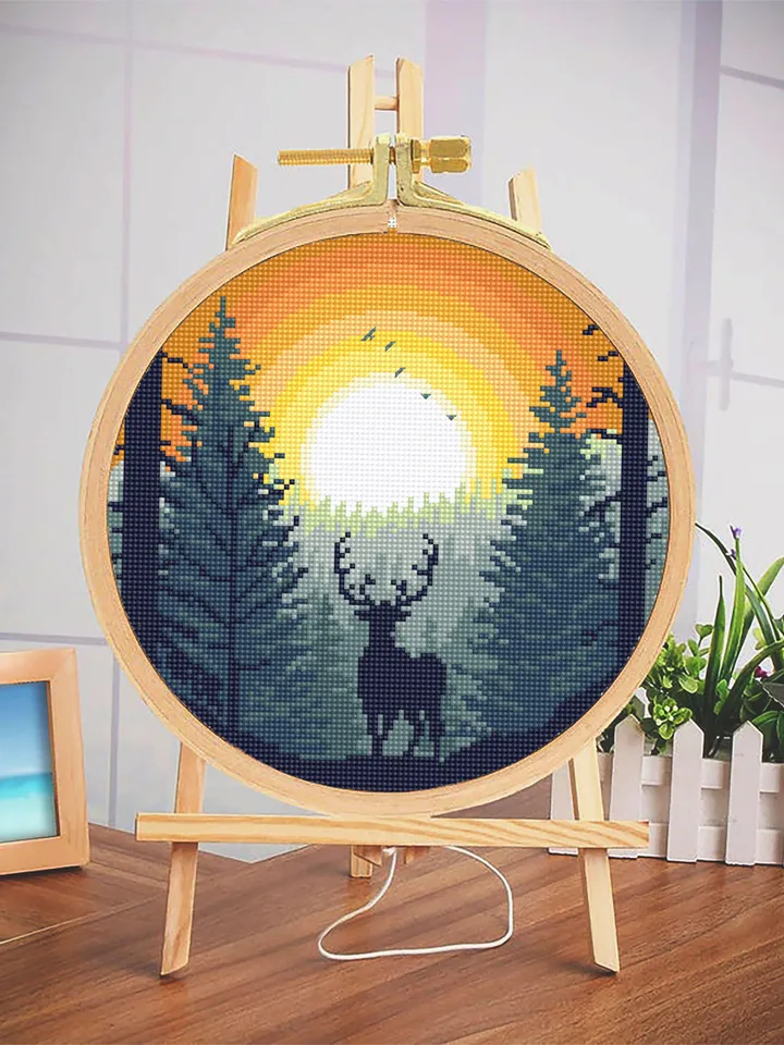 Nature landscape cross stitch pattern PDF download Deer in forest cross stitch chart, Forest sunset pattern digital PDF Deer silhouette #L75