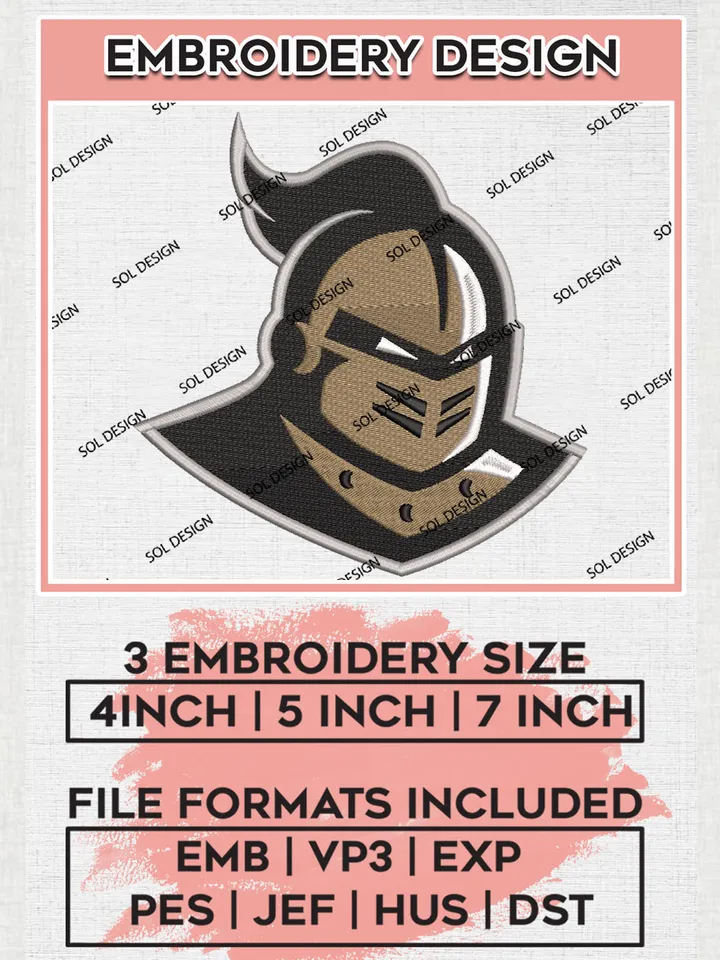 UCF Knights College Team Head Mascot Logo Embroidery Design Files, NCAA UCF Knights Machine Embroidery, NCAA Teams, 3 sizes, NCAA Machine embroidery designs, Digital Download