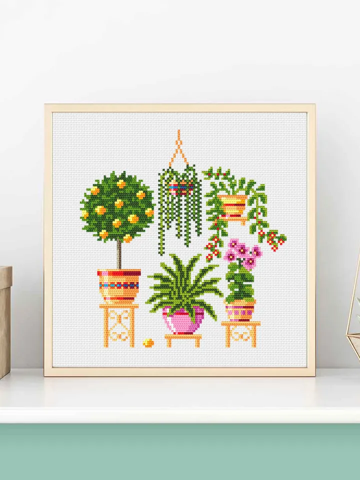 Potted plants cross stitch pattern download PDF Floral cross stitch sampler, Small house plant embroidery PDF, Garden cross stitch chart #P1