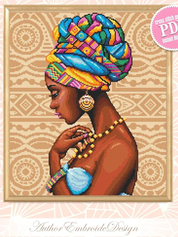 Beautiful african woman portrait cross stitch pattern PDF Modern cross stitch chart, African wall art, Instant download PDF, Home decor #O1