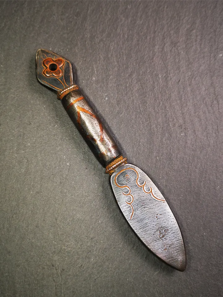 Gandhanra Handmade Tibetan Buddhist Ritual Implement - Kila -Dorje Phurba,Made of Cold Iron inlaid with Copper,5.5"