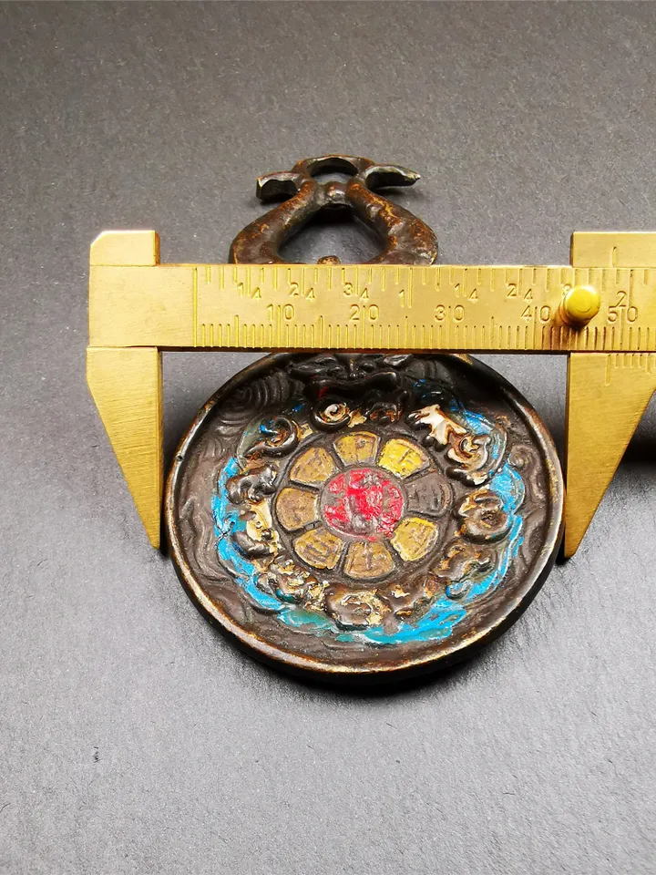 Gandhanra Vintage Tibetan Buddhist Calendar Badge,Panjaranata Mahakala Melong Mirror, SIPAHO Amulet(srid pa ho),Made of Brass,1.89&quot;
