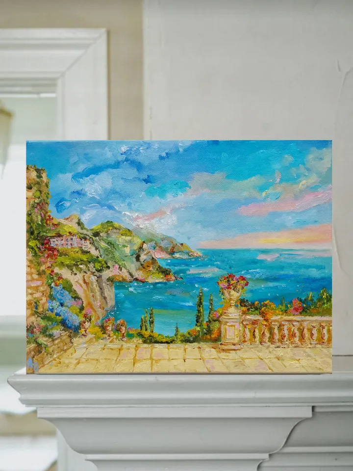 "Terrace overlooking the sea" oil painting on canvas 35x25cm (14x10 inch)