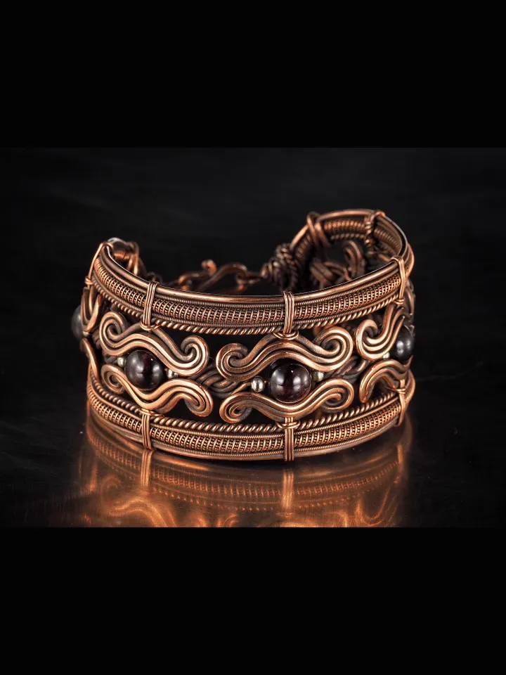 Copper wire wrapped garnet bracelet Unique bangle 7th Wedding Anniversary