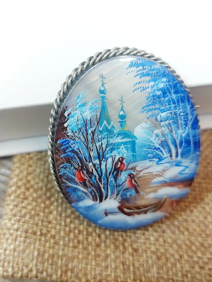 Mother-of-pearl Russian brooch "Russian Winter", Miniature hand-painted, Russian fine art jewelry, Аbalone shell. Russia gift for woman. Pin