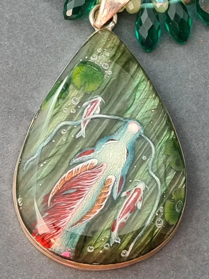 Dragon necklace with koi Miniature painting Labradorite pendant Witchy necklace