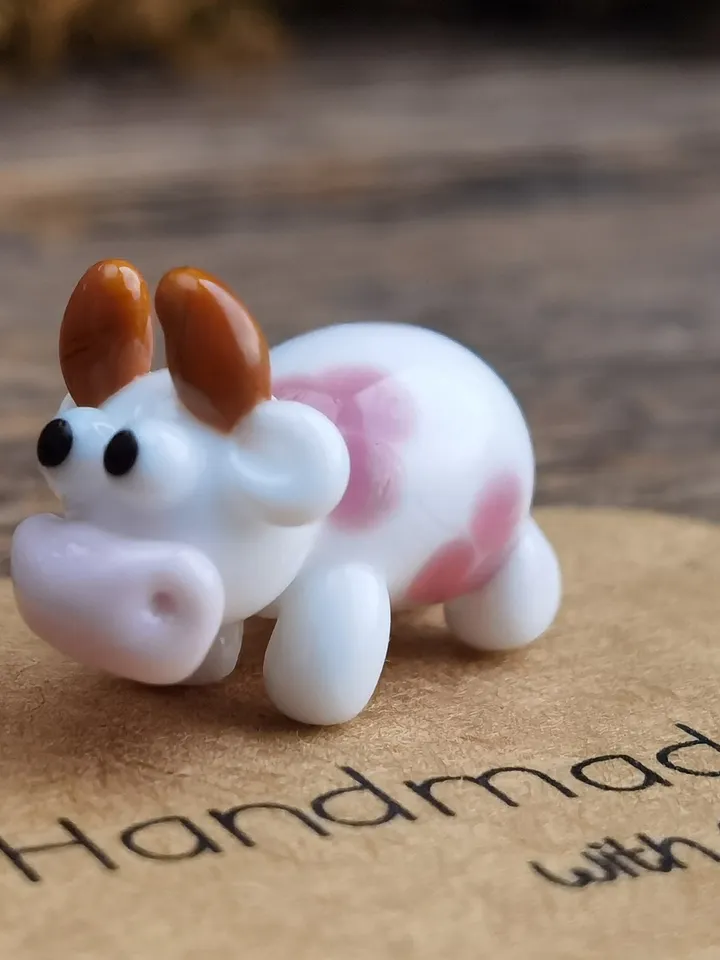GLASS FIGURINES Cow figurine Glass cow Miniature cow tiny cow Tiny glass animals Farm animals Strawberry Dollhouse miniature Blown