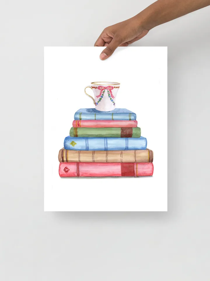 Vintage Book Art Print, Watercolor Painting Poster, Vintage Book Art, Watercolor Book Art, Home Office Wall Art, Stack Of Books, Library Art