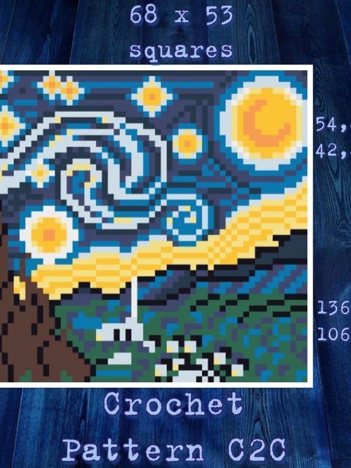 Crochet Pattern C2C Starry Night Vincent Van Gogh 1889 Vintage Counted For Crocheting Afghan Plaid Blankets Digital Download PDF