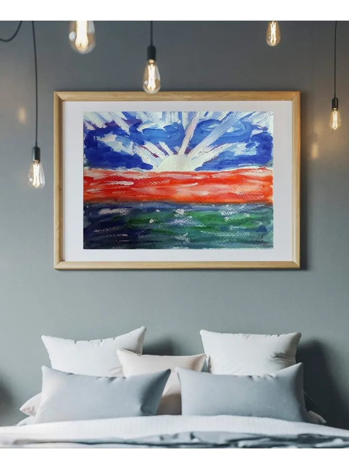Beautiful Sinrise Seascape Painting Gouache Art on Paper