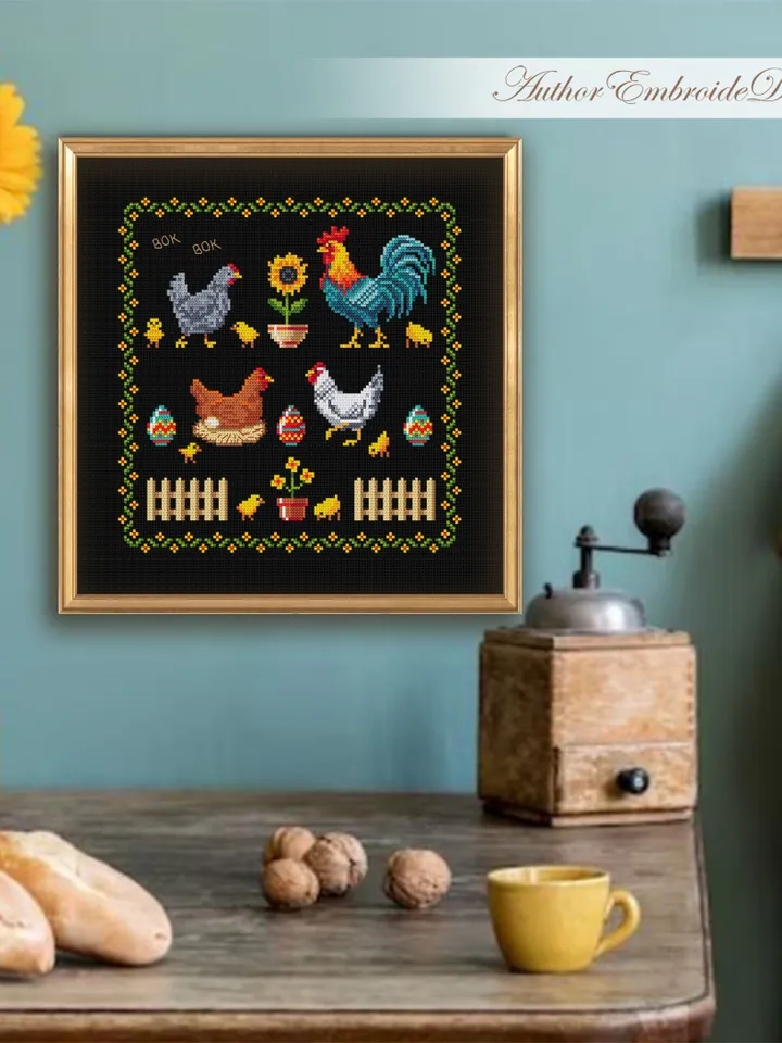 Rooster and Chicken sampler cross stitch pattern PDF download, Easter sampler pattern digital PDF, Farmhouse chicken wall decor #T36