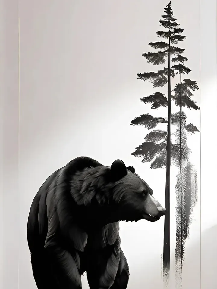 Digital product, Bear image, Bear print, Bear print, Wildlife, Contrast print, Black and white silhouette, Monochrome print, Symbolic painting, Bear poster.