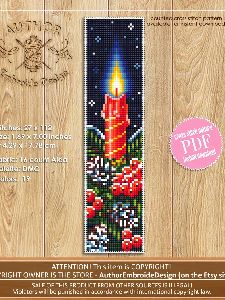 Christmas bookmark cross stitch pattern digital PDF Handmade bookmark embroidery beginner Christmas candle cross stitch Book lover gift #B38