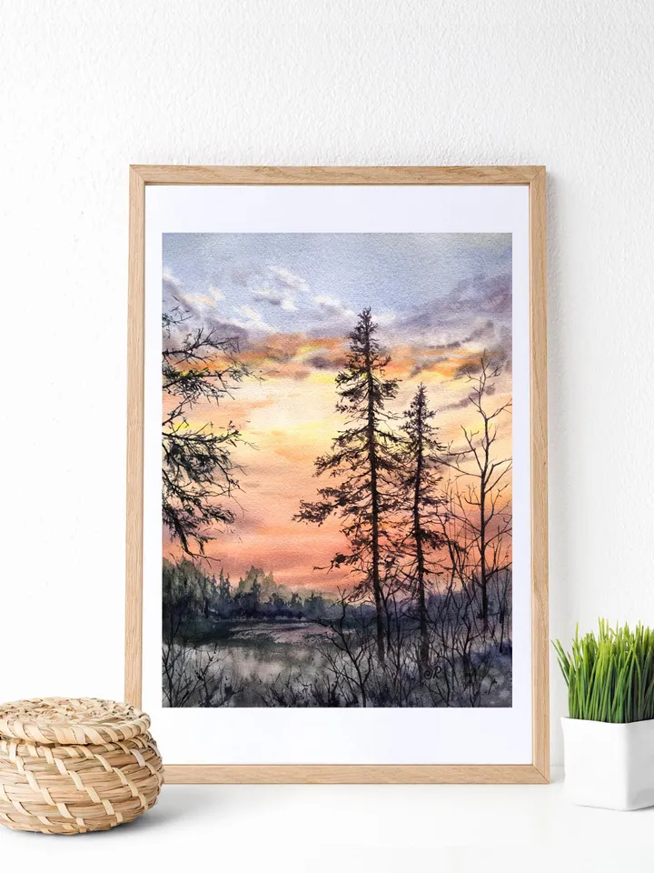 Landscape Original Painting Sunset Watercolor Painting Trees Forest Wall Art